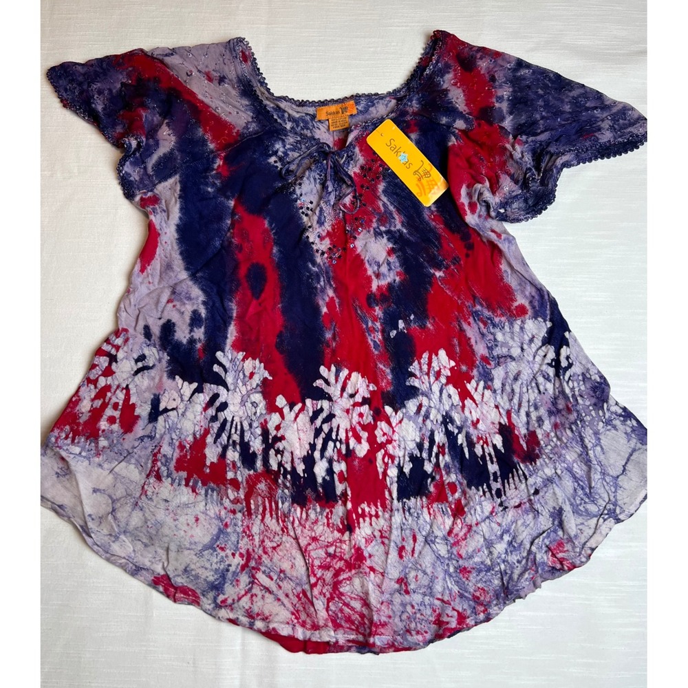 Sakkas Red Purple Tie Dye Batik Peasant Top Sequin Crochet Trim One Size NEW